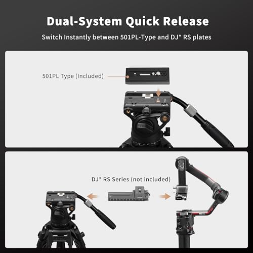Cayer Video Fluid Head with Quick Release Plate, Telescopic Handle Scaled Base for Mirrorless, Video Cameras and DSLRS, Compatible with Gimbal Plate for dji RS Series, K6 | Metal housing, adjustable tray handle, smooth fluid movement, support dual mode, for camcorder