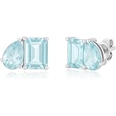 Amazon Essentials Rhodium-Plated March Birthstone Two-Toned Stud Earrings with Secure Pushbacks, Aquamarine Color Earrings