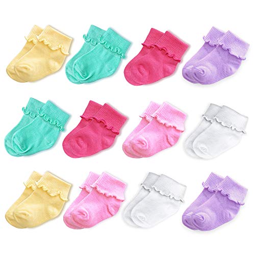 CozyWay Baby Ruffle Socks Baby Girl Turn Cuff Ankle Comfy Cotton Socks Infant 9-24 Months Pink Yellow Green 12 Pack