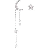 Silver Star Dangle Earrings for Women Dainty Sun Moon Crystal Drop Earrings Unique Celestial Earring Sparkly CZ Party Prom Jewelry Accessories