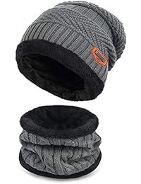 Supstar Kids Winter Warm Hat Circle Scarf 2Pcs Knitted Hat with Soft Fleece Lined Beanie Slouchy Skull Cap for Boys Girls (Gray)