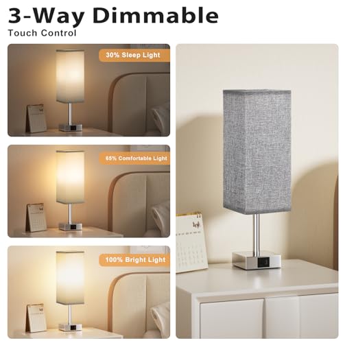 Aooshine Touch Control Bedside Lamps Set of 2, Touch Lamps with USB-C+A Charging Ports, 3-Way Dimmable Table Lamps for Bedroom with Grey Fabric Shade(Bulbs Included) | Touch Lamps with 3 Way Dimmable Table Lamps for Bedroom/Living Room/Study Room/Office with Grey Fabric Shade, Bulbs Included