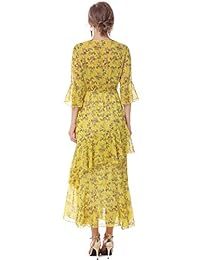 Vestidos largos para mujer XINUO Vestido largo floral amarillo Cuello en V Cintura alta Playa de gasa Fiesta de verano Vestidos largos casuales