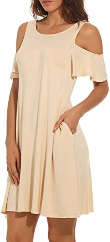 XCNCSL Women's Summer Cold Shoulder Tunic Top Swing T-shirt Loose Dress With Pockets 08 BeigeL High-grade