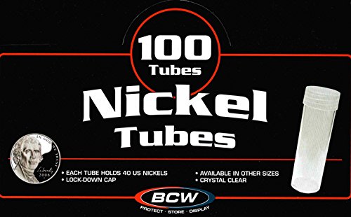 Coin Storage Tubes, Round Clear Plastic w/ Screw on Tops for NICKEL (Quantity of 100 Tubes) - MADE IN THE USA