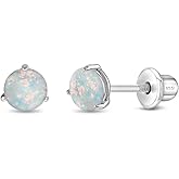 925 Sterling Silver Simulated Opal Round Prong Set Safety Screw Back Earrings For Young Girls - Little Girls Shaped Glimmering Earrings - Sparkly Studs For Children