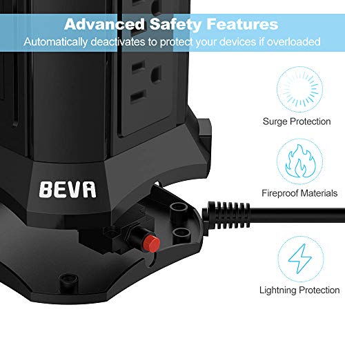 BEVA Power Strip Tower with 9 AC-Outlets and 4 USB Charging Ports Switch Control,Surge Protector Desktop Power Strip Charging Station 6 ft Extension Cable for Office and Home Black - Thumbnail 2