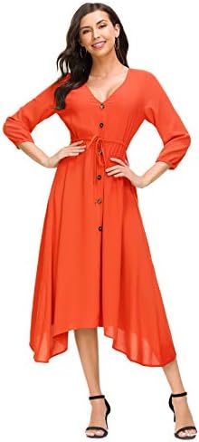 Cantonwalker Women's Dress Deep V-Neck Casual 2018 Summer 3/4 Sleeve Beach Dress Holiday Dress Waist Tie Printed Dress 0058