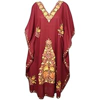 Women Kaftan Dress Maroon Embellished Long Maxi Caftan Dresses One Size