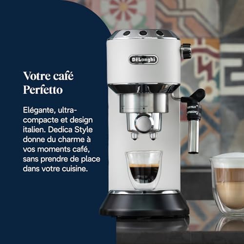 Dedica Style EC685.W, Machine à Café à Pompe en Acier Inoxydable Pour Café Moulu ou Dosettes, Machine à Espresso et Cappuccino, Réservoir de 1,3L, Système Anti-goutte, Blanc