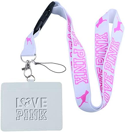 Love Pink White Faux Leather Business ID Badge Card Holder with (White with Pink Hollow) Keychain Lanyard