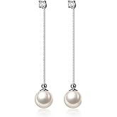 Reffeer Solid 925 Sterling Silver Pearl Earrings Drop for Women Teen Girls Pearl Dangle Earrings CZ Studs Wedding Bridal Dangle Earrings
