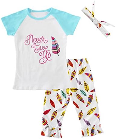 3PCS Baby Girl Kids Colorful Clothes T-shirt Tops+Boho Pants+Headband Outfit Set (1T-2T, White+Blue)