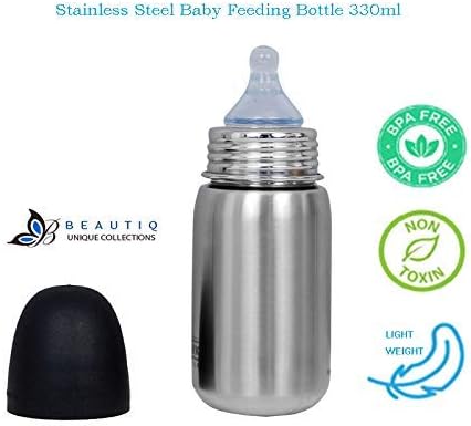 Beautiq Unique Collections Stainless Steel Feeding Bottle 330ml with High Grade Silicon Nipple and Complete Leakproof Design (Metallic Silver)