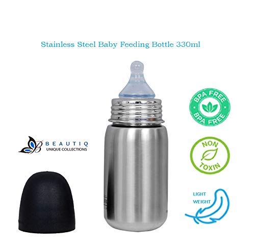 Beautiq Unique Collections Stainless Steel Feeding Bottle 330ml with High Grade Silicon Nipple and Complete Leakproof Design (Metallic Silver)
