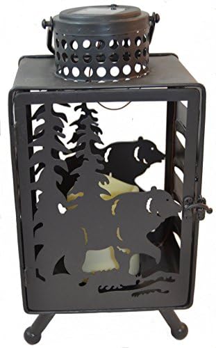 Bear LED Candle Lantern Lights Decorative - Metal Square Holder Tabletop & Hanging Lantern for Indoor Outdoor by Pine Ridge | Solar AA Rechargeable Battery | Flameless Home Halloween & Christmas
