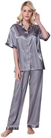 Shining Life Women's Short Sleeve Classic Satin Pajama Set(M,Silver Grey)