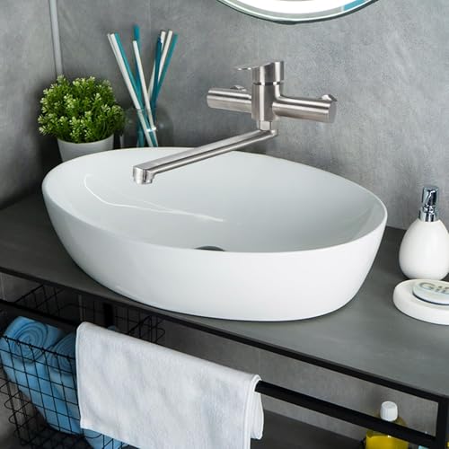 Minnhua Wall Mounted Kitchen Tap Wall Mounted Kitchen Tap with Swivel Spout Universal 25 cm Single Lever Sink Mixer Tap Adjust Hot and Cold Water 304 Stainless Steel