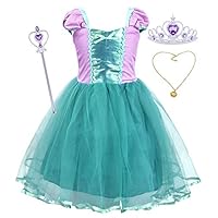 AmzBarley Little Mermaid Costume for Girls Halloween Ariel Fancy Dress up Birthday Party Princess Cospaly Outfits Holiday School Performance Clothes with Crown and Wand Size 6-7 Years