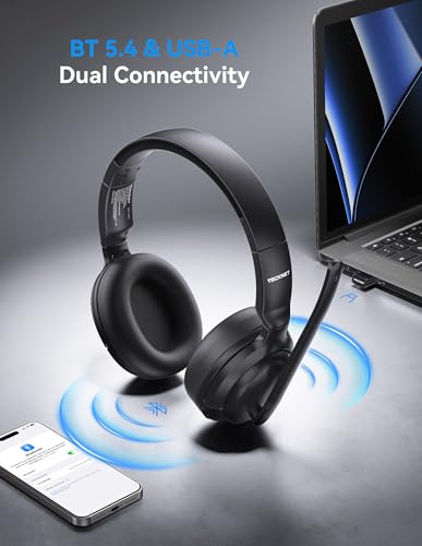 TECKNET 5.4 Bluetooth Headphones Over Ear, Stereo/Mono 2-in-1 Wireless Headphones, 65H Playtime & Mute, Wireless Headset with ENC Noise Cancelling Microphone for Home Trucker Office Call Center, Black
