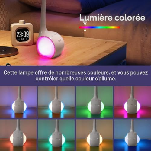 T3 Lampe de Bureau Enfant avec RGB Couleur Veilleuse, LED Lampe de Chevet Dimmable, Lampe LED Tactile avec Lumière de Couleur et 3 Niveaux de Luminosité, Blanc