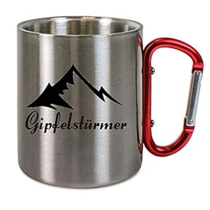 Edelstahltasse mit Carabiner – Gipfelstürmer – auch mit Name, Blechtasse, Campingtasse,Kaffeetasse mit Motiv,Bürotasse…