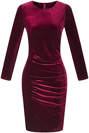 WITION Women's Vintage Long Sleeve Velet Stretchy Ruffles Bodycon Pencil Midi Dress (L, Wine red)