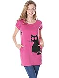 Allegra K Women's Round Neck Short Sleeves Contrast Cartoon Cat Print Tunic Tops