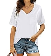 Bofell Womens V Neck Rolled Short Sleeve T Shirts Casual Summer Tops Tshirts with Pocket