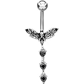 Pierced Owl 14GA 316L Stainless Steel Death Moth Skull Triple Dangling CZ Crystal Heart Belly Button Ring