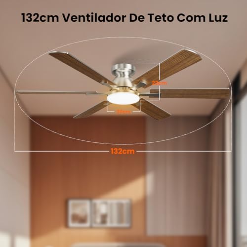 Ventilador de Teto com Controle Remoto, 127/2220V, 132.08cm, 6 Velocidades Função Reversa Luz LED 3 Cores com Memória Motor BLDC Silencioso