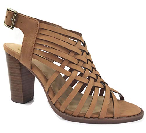 City Classified Open Toe Perforated Lace up Elastic Side Stacked Chunky Heel Sandal, Tan, 7.5
