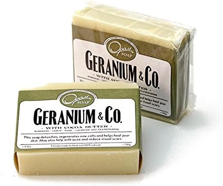 Opas Geranium Soap, 100% Natural, Carcinogen Free, Cold Processed, FRESH FLOWERY CLEAN SCENT, Raw Organic Cocoa Butter, made with Natural Essential Oils Lemon, Rosemary, Lavender