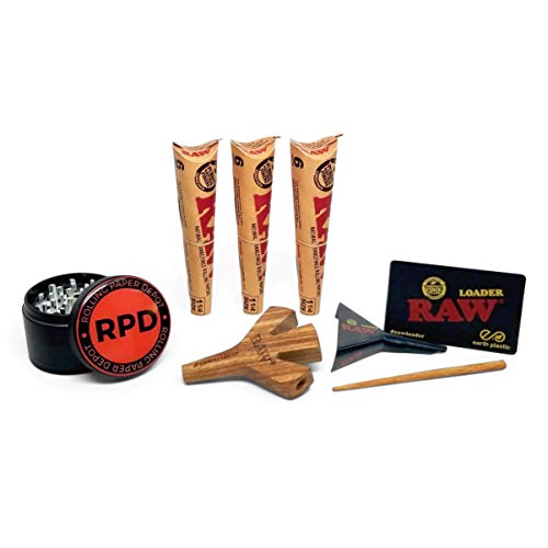 RAW Pre Rolled Cone 1 1/4 (3 Packs), Wooden Trident Cigarette Holder, Cone Loader, and Rolling Paper Depot 63mm 4 Piece Grinder - 6 Items - Bundlle