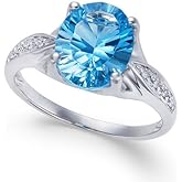 KOKAV 14K White Gold Genuine Blue Topaz Concave Cut 3-1/5 Ct, Diamonds Ring, Size 9