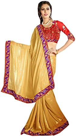 Odhni Women's Indian Bollywood Embroidered Beige Chiffon Saree