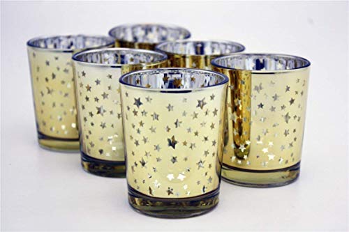 Candle Holder for Home Decor Wedding Party Celebration Laser Cut Mercury Glass 2.55-inch Tall Set of 6 (Gold Star)