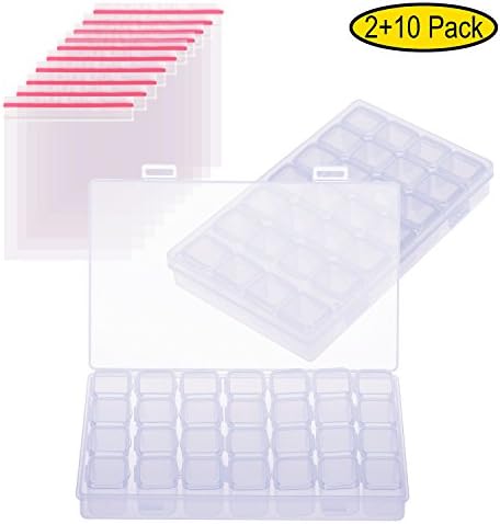 2 Pack 28 Slots Diamond Embroidery Box with 10 Plastic Bags, Adjustable Nail Storage Case Bead Organizer, Diamond Painting Rhinestone Accessories for DIY Art Craft Sold by Elegant House