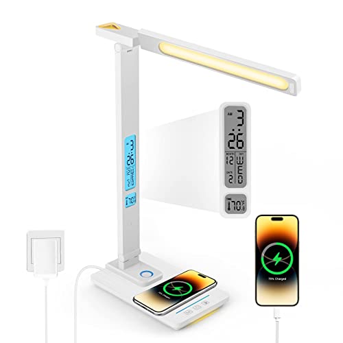 Schreibtischlampe LED Dimmbar mit Ladefunktion Uhr - Tischlampe Nachtlicht mit 10W Kabellosem Ladegerät, USB-Ladeanschluss Klappbare Schreibtisch Lamp