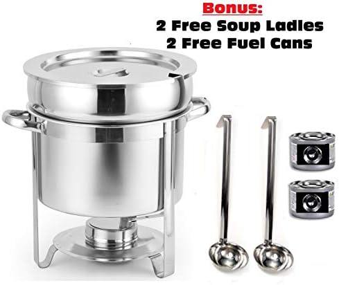 ChefMaid Stainless Steel Soup Warmer, 11-Quart Soup Chafer Set Includes Food Pan, Water Pan and Fuel Holders – Durable, shiny silver + BONUS: 2 FREE SOUP LADLES & 2 FUEL CANS