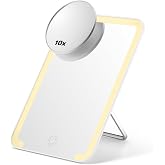 OMIRO 8 x 5 in Makeup Mirror with Lights and 10X Magnetic Magnifier, White | Rechargeable Vanity Mirror with 3 Color Dimmable Brightness, Desk Mirror with Foldable Stand, 2000mAh Battery, Travel, Table