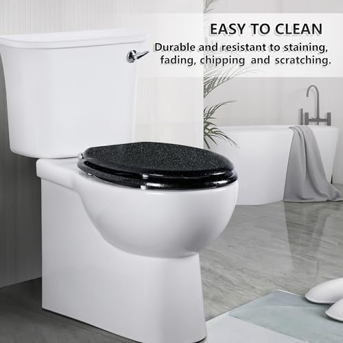 Angel Shield Glitter Toilet Seat Molded Wood Toilet Seat, Quiet Close with Quick Release Adjustable Hinges 45x37cm Oval, Fits EU Bottom-Mount Toilets (Black Glitter)
