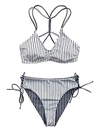 Bikini de encaje reversible para dama, diseño de rayas, color azul marino y blanco