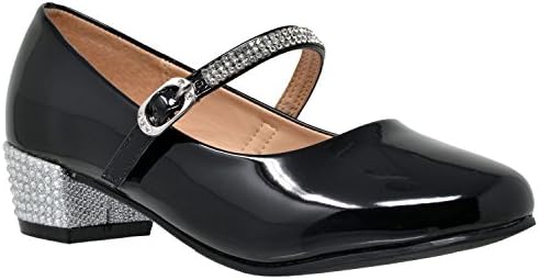 SOBEYO Kids Dress Shoes Low Chunky Heel Mary Jane Girls Pumps Rhinestone Strap