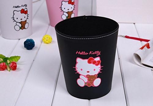 Lovely Hello Kitty PU Leather Storage Bucket Cartoon Hello Kitty Desktop Pen Holder Wastebasket Garbage Can (balck)