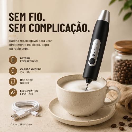 Mini Mixer Portátil USB Recarregável | Espumador de Leite e Café, Batedor de Ovos, Whey e Outras Bebidas, 3 Velocidades