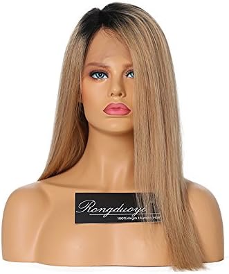 Rongduoyi Hair Two Tone Human 8A Natural Straight Hair Full Lace Wigs Dark Root Ombre Honey Blonde Short Bob Full Lace Wig with Baby Hair for Women 10inch
