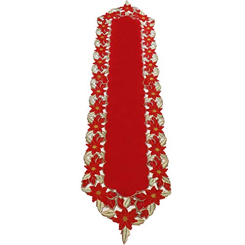 YOSICHY Christmas Embroidered Table Runner Luxury Poinsettia and Holly Table Runner for Xmas Decorations 15x69 Inch (Red) - Thumbnail 6