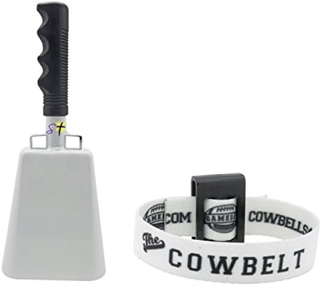 Bundle 9.6 inch White Bell Black Handle Cowbell with Stick Grip Handle and White Cowbelt Holster by Stewart Trading™