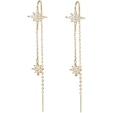 SLUYNZ Sterling Silver CZ Star Dangle Earrings for Women Teens Long Dangle Earrings Threader Tassel